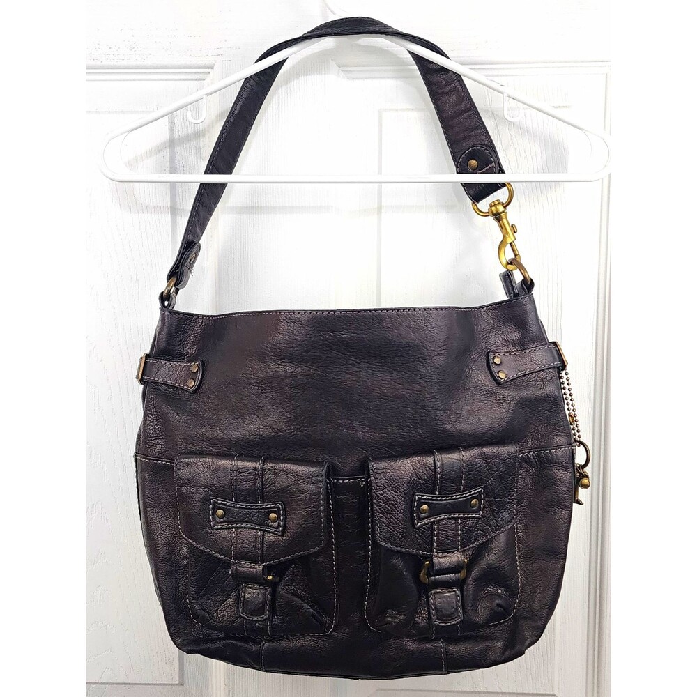 Fossil Women's Black Shoulder Bag Front Pockets Zip Gold Hardware Buckle Accents